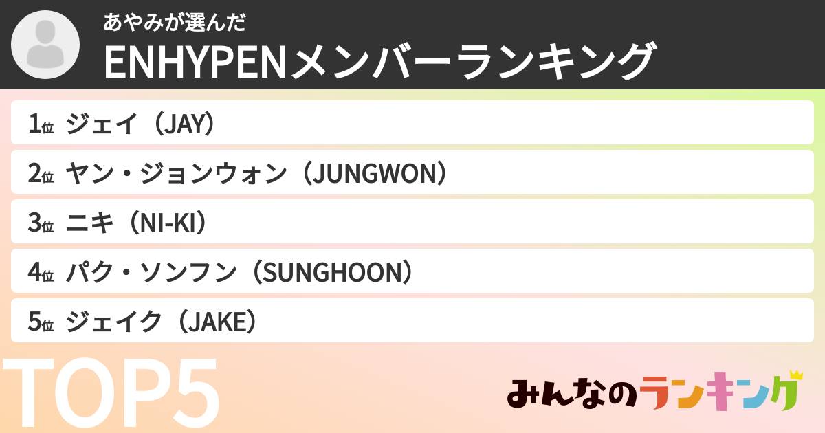 あやみさんの「ENHYPENメンバーランキング」