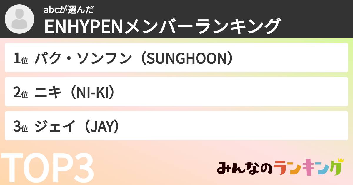abcさんの「ENHYPENメンバーランキング」