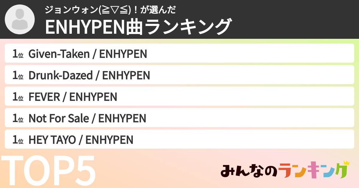 ジョンウォン(≧▽≦)！さんの「ENHYPEN曲ランキング」