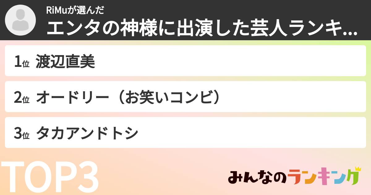 RiMuさんの「エンタの神様に出演した芸人ランキング」