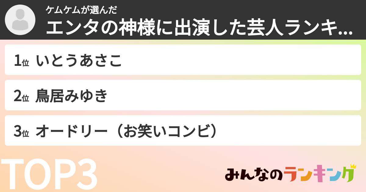 ケムケムさんの「エンタの神様に出演した芸人ランキング」