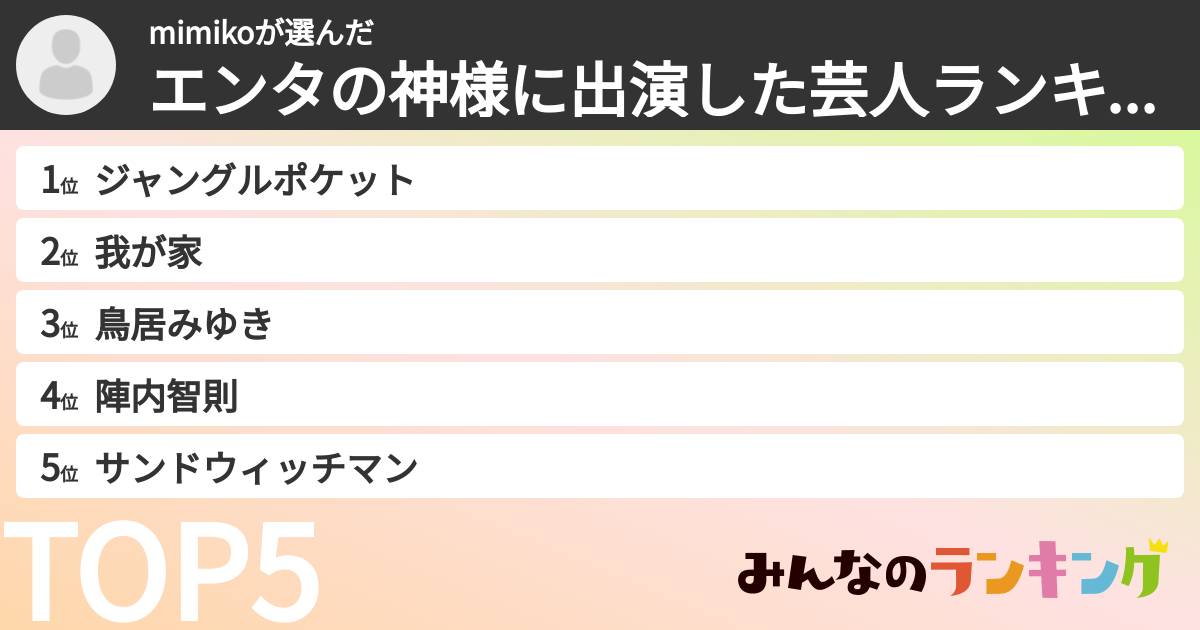mimikoさんの「エンタの神様に出演した芸人ランキング」