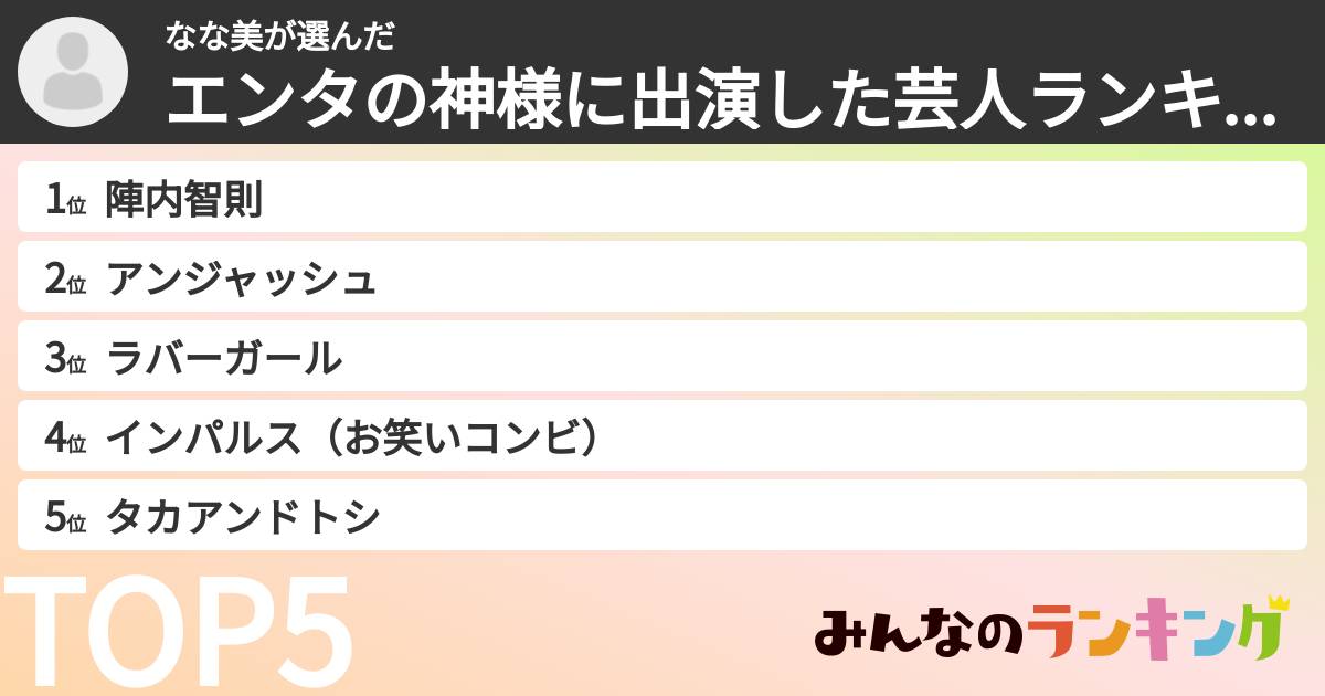 なな美さんの「エンタの神様に出演した芸人ランキング」