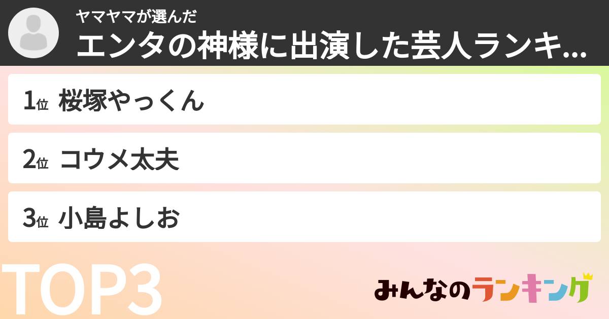 ヤマヤマさんの「エンタの神様に出演した芸人ランキング」