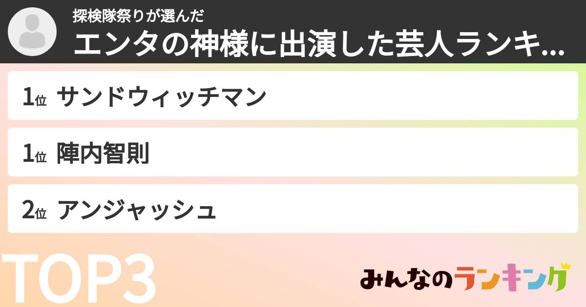 探検隊祭りさんの「エンタの神様に出演した芸人ランキング」