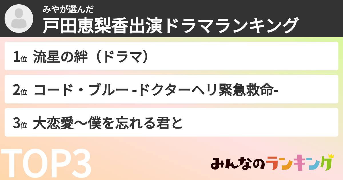 みやさんの「戸田恵梨香出演ドラマランキング」