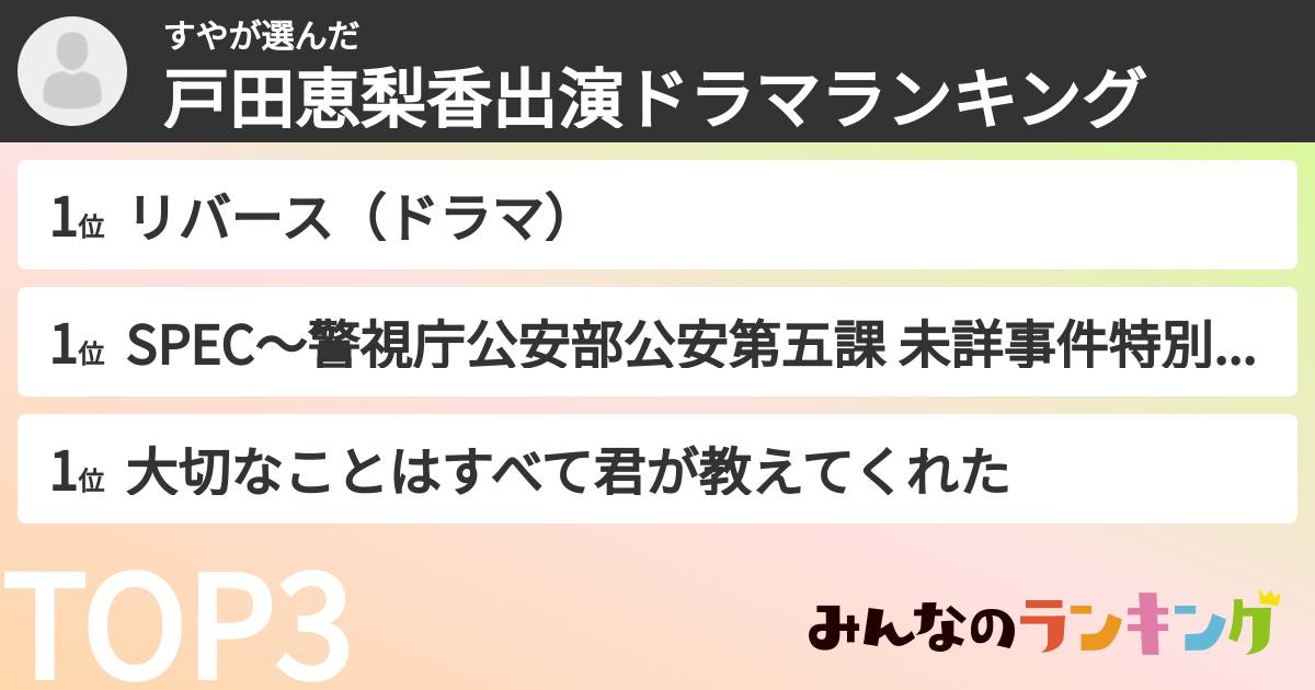 すやさんの「戸田恵梨香出演ドラマランキング」
