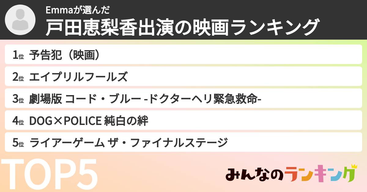 Emmaさんの「戸田恵梨香出演の映画ランキング」