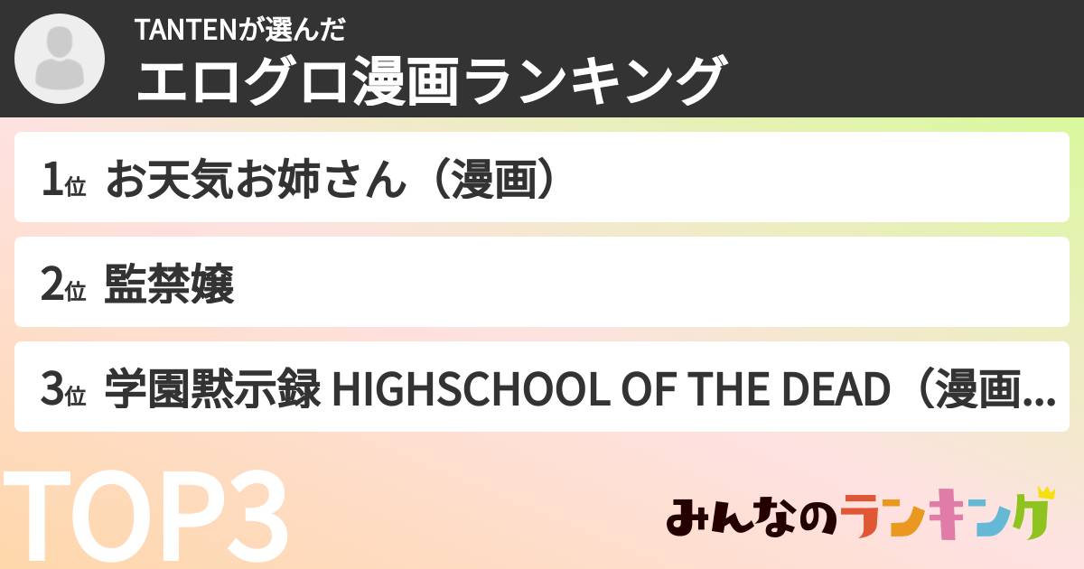TANTENさんの「エログロ漫画ランキング」