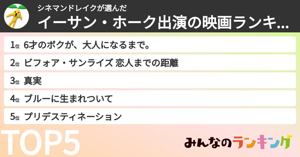 シネマンドレイクさんの「イーサン・ホーク出演の映画ランキング」