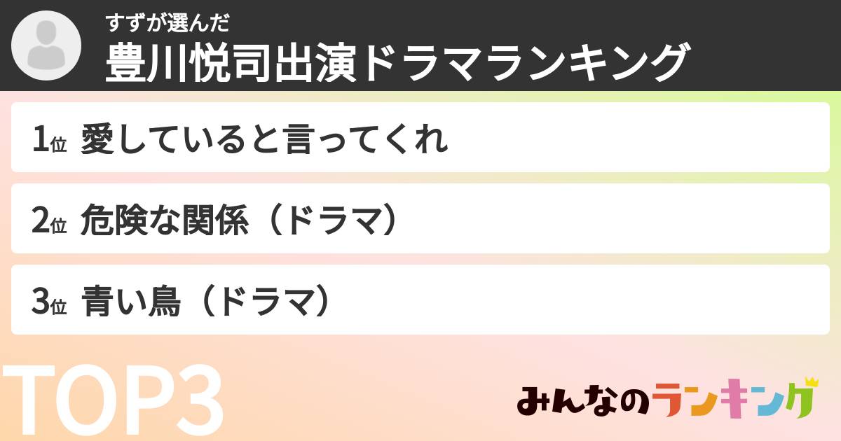 すずさんの「豊川悦司出演ドラマランキング」