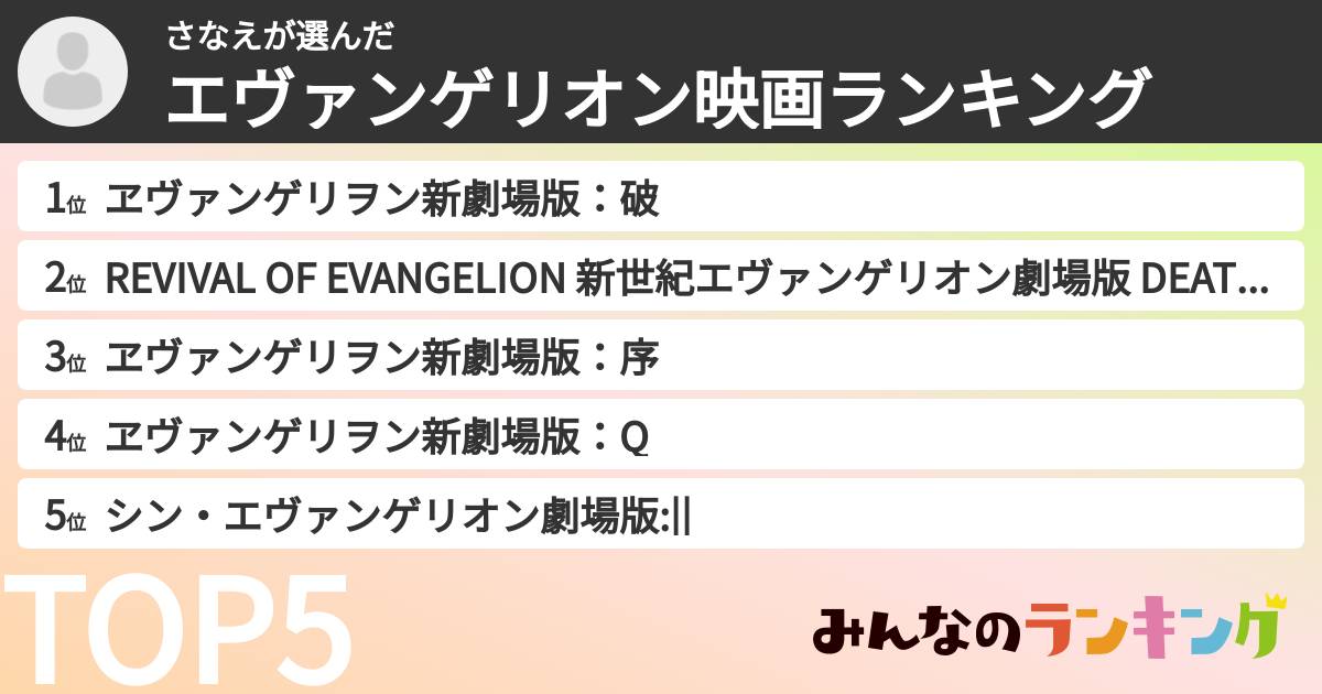 さなえさんの「エヴァンゲリオン映画ランキング」