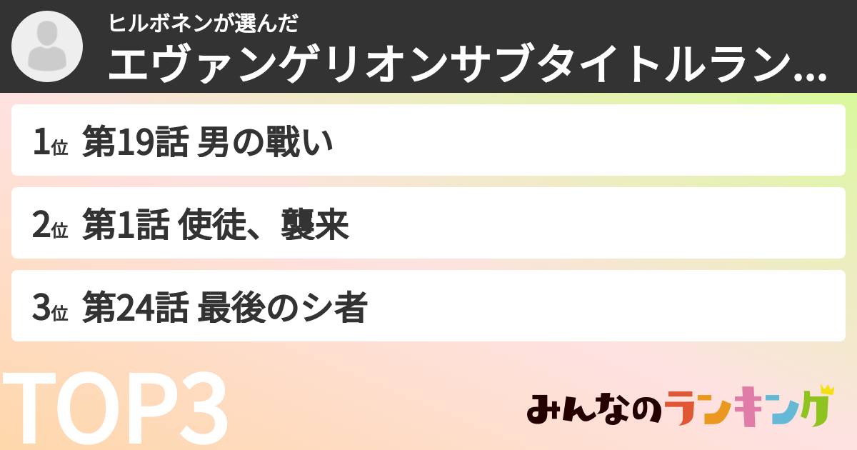 ヒルボネンさんの「エヴァンゲリオンサブタイトルランキング」