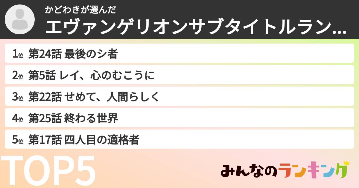 かどわきさんの「エヴァンゲリオンサブタイトルランキング」