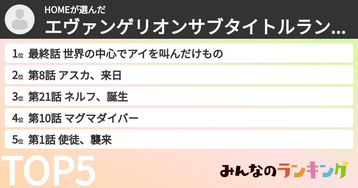 HOMEさんの「エヴァンゲリオンサブタイトルランキング」