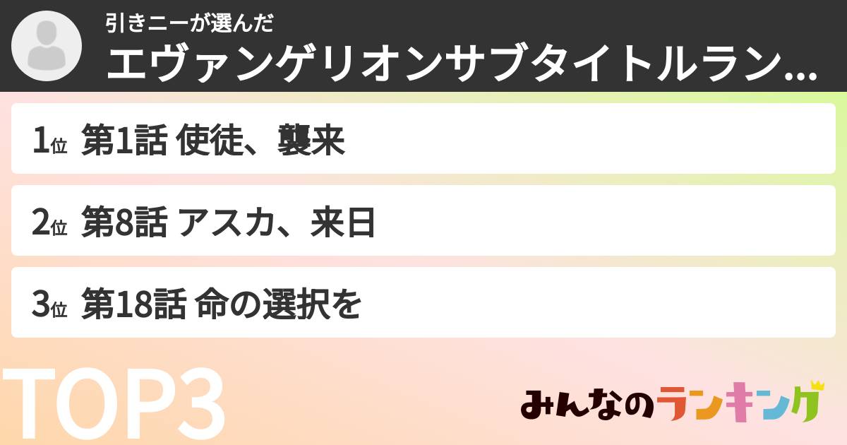 引きニーさんの「エヴァンゲリオンサブタイトルランキング」