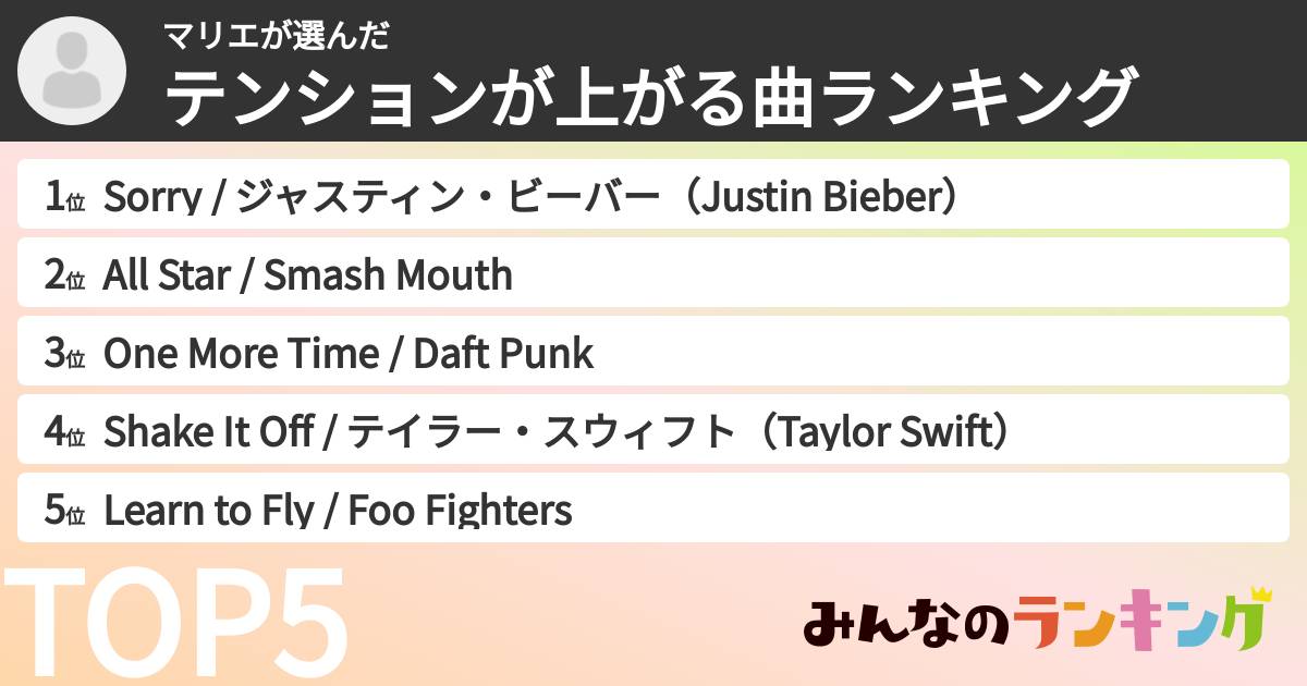 マリエさんの「テンションが上がる曲ランキング」