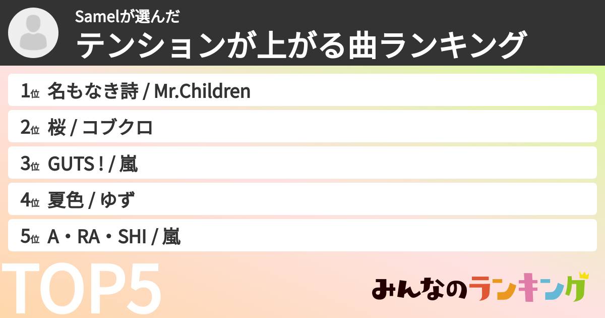 Samelさんの「テンションが上がる曲ランキング」