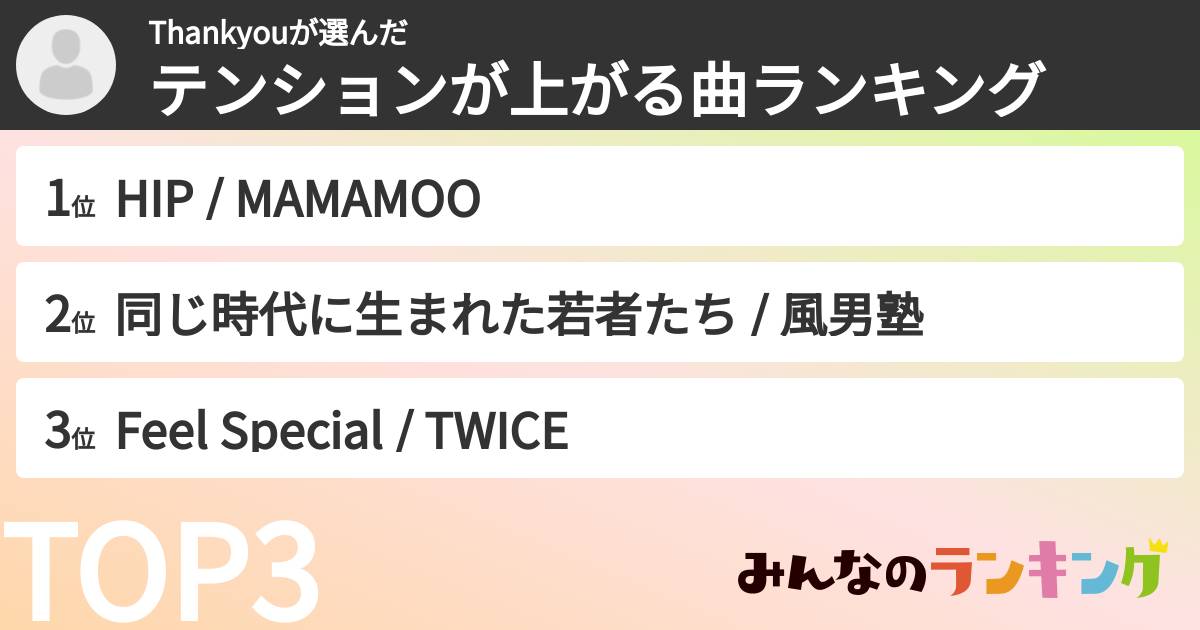 Thankyouさんの「テンションが上がる曲ランキング」