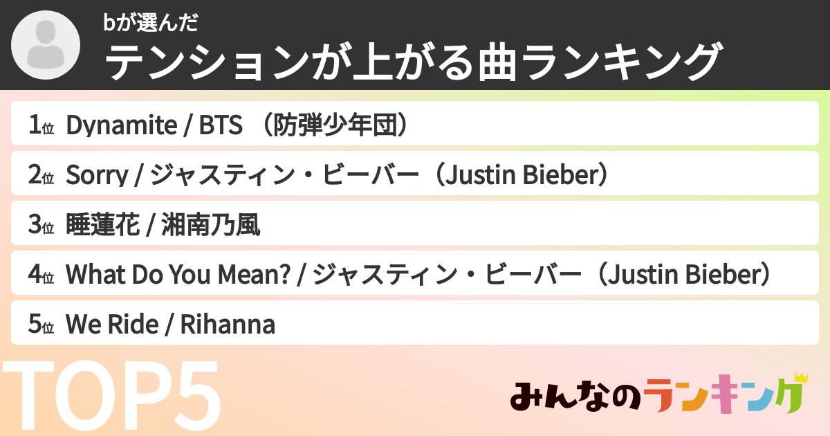 bさんの「テンションが上がる曲ランキング」