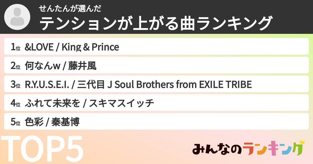せんたんさんの「テンションが上がる曲ランキング」