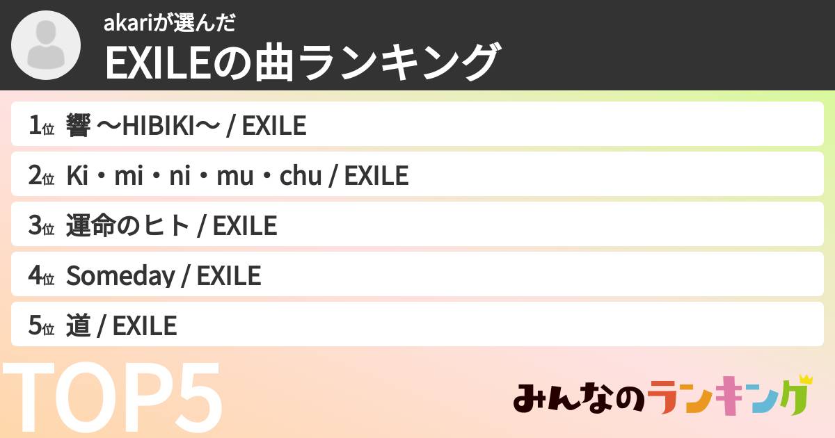 akariさんの「EXILEの曲ランキング」
