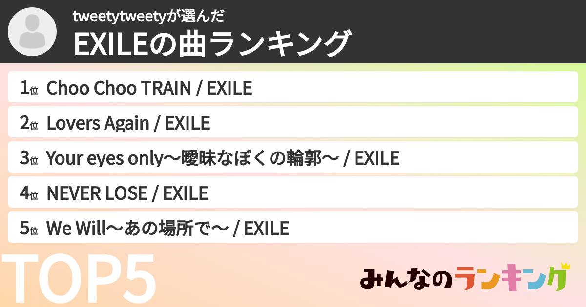 tweetytweetyさんの「EXILEの曲ランキング」
