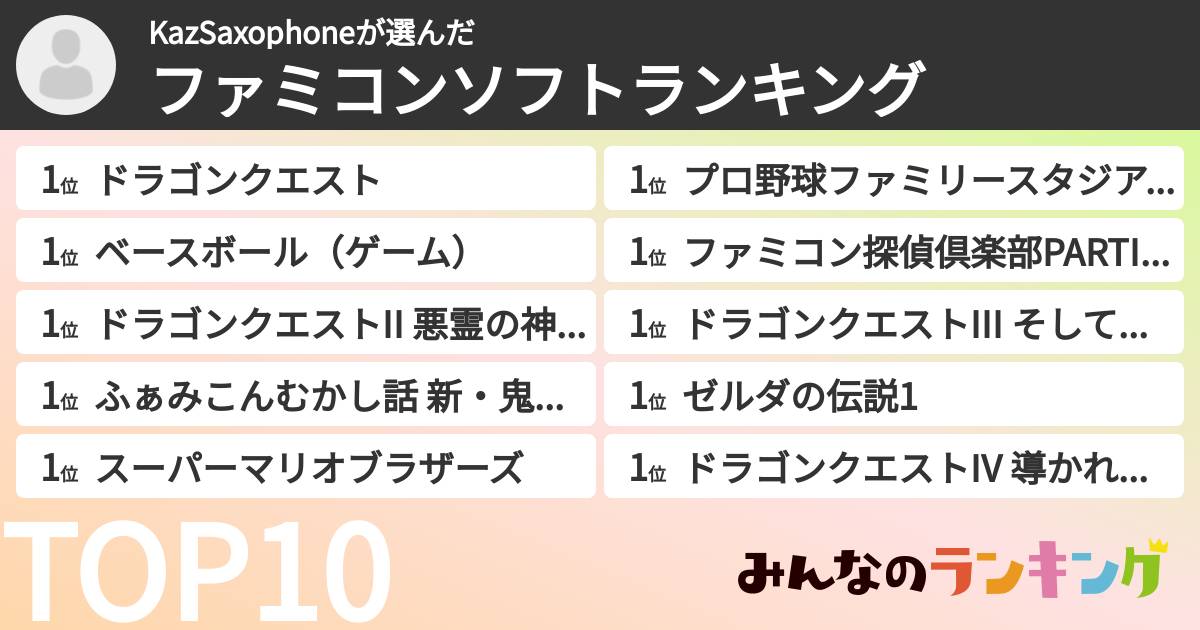 KazSaxophoneさんの「ファミコンソフトランキング」