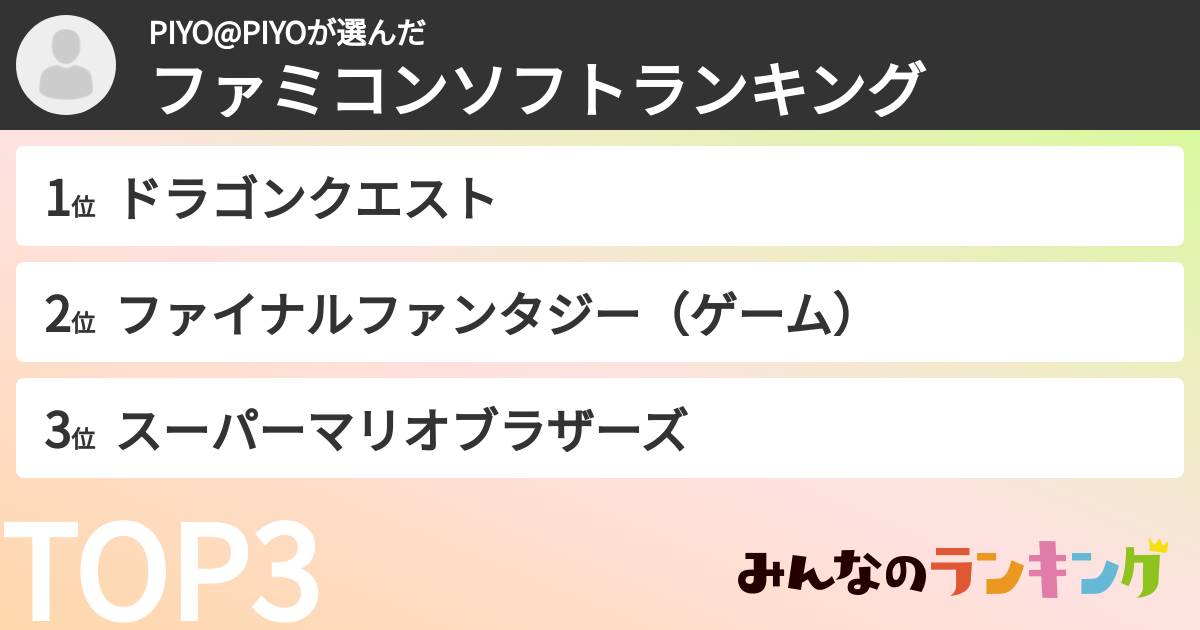 PIYO@PIYOさんの「ファミコンソフトランキング」