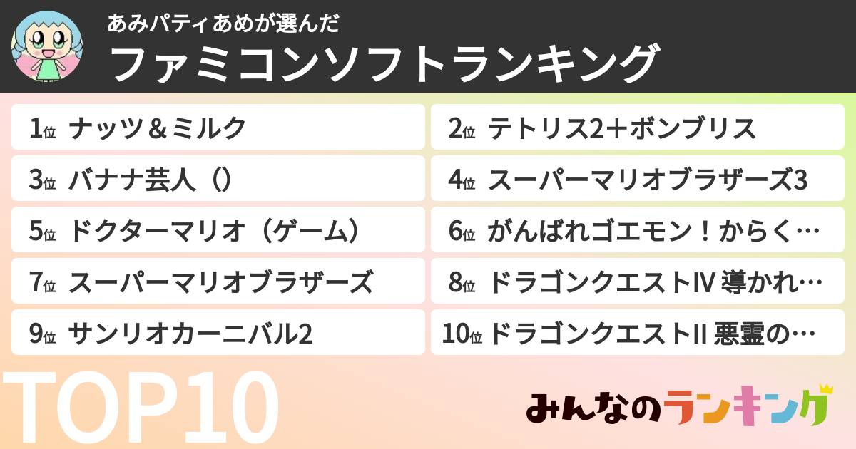 あみパティあめさんの「ファミコンソフトランキング」
