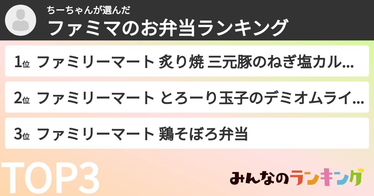 ちーちゃんさんの「ファミマのお弁当ランキング」