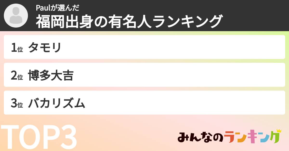Paulさんの「福岡出身の有名人ランキング」