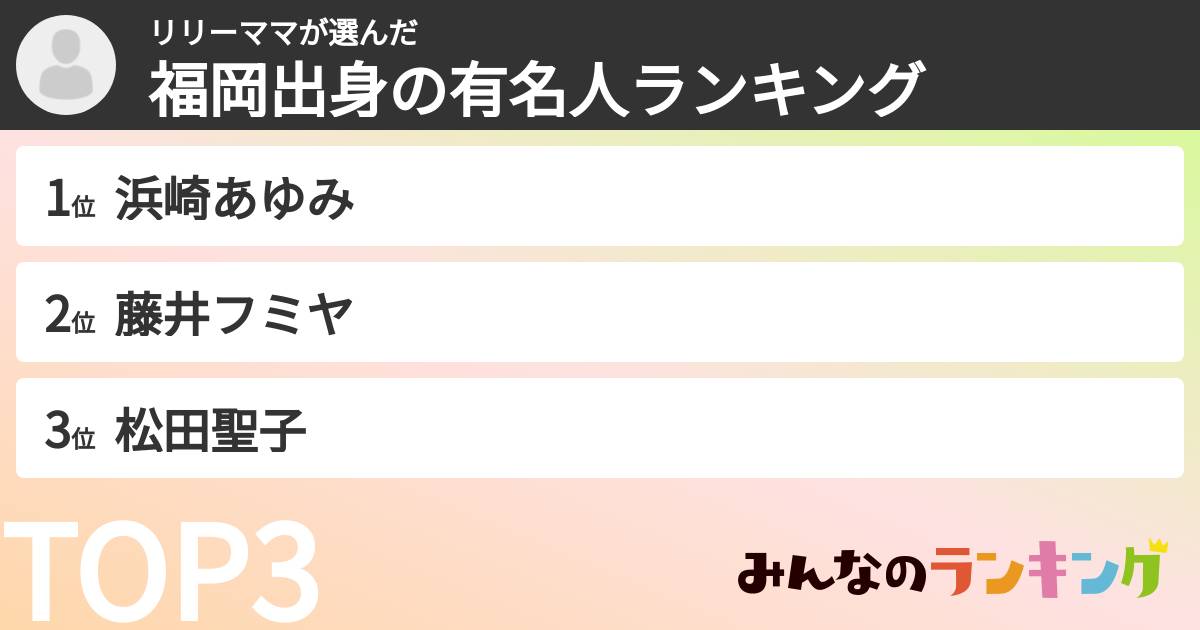リリーママさんの「福岡出身の有名人ランキング」