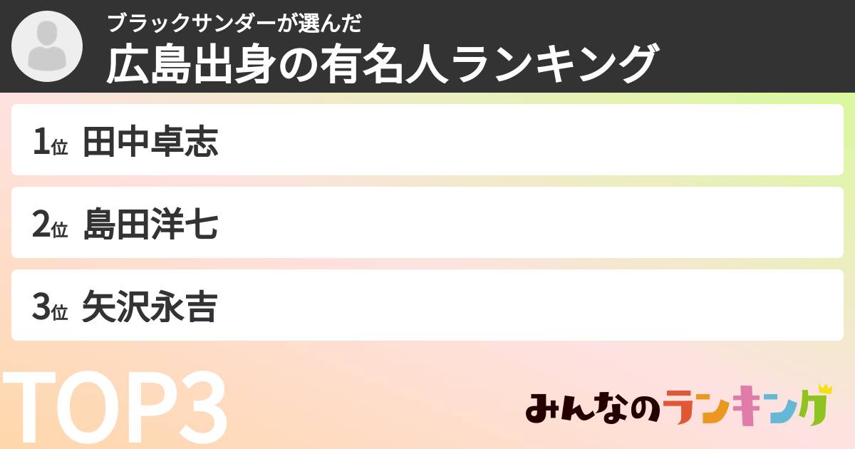 ブラックサンダーさんの「広島出身の有名人ランキング」
