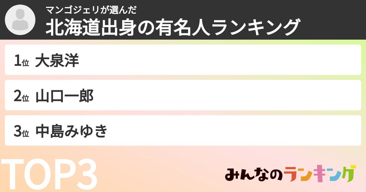 マンゴジェリさんの「北海道出身の有名人ランキング」