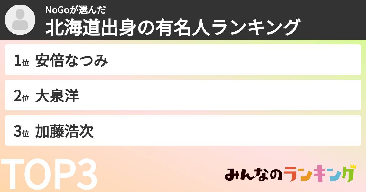 NoGoさんの「北海道出身の有名人ランキング」