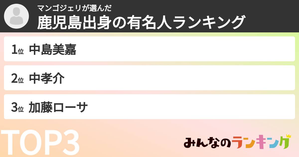 マンゴジェリさんの「鹿児島出身の有名人ランキング」