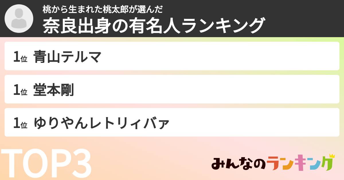 桃から生まれた桃太郎さんの「奈良出身の有名人ランキング」