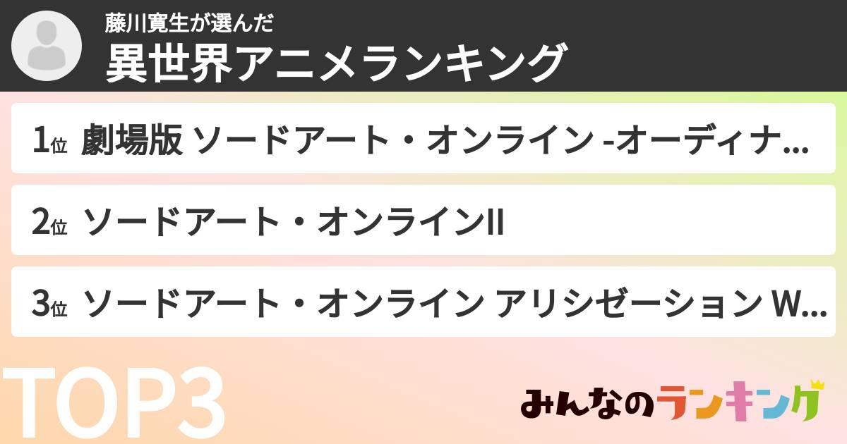 藤川寛生さんの「異世界アニメランキング」