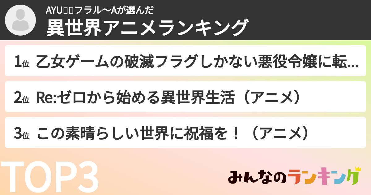 AYU🍎🥕フラル〜Aさんの「異世界アニメランキング」