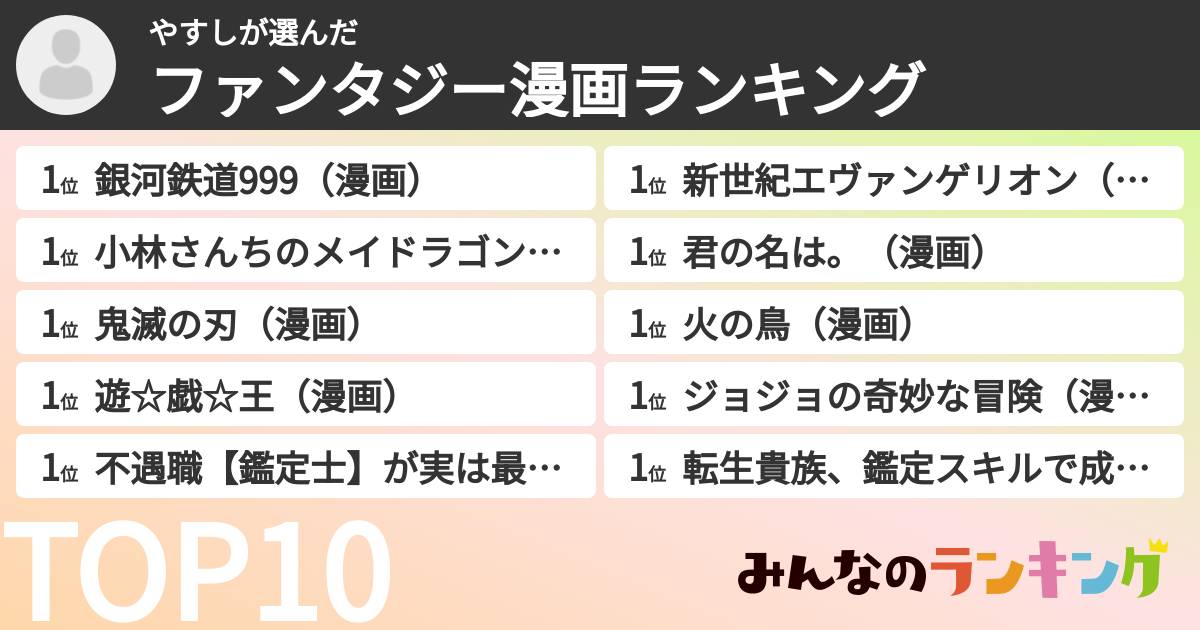 やすしさんの「ファンタジー漫画ランキング」
