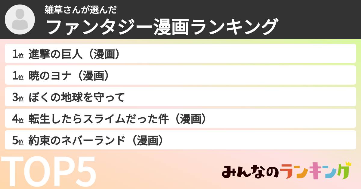 雑草さんさんの「ファンタジー漫画ランキング」