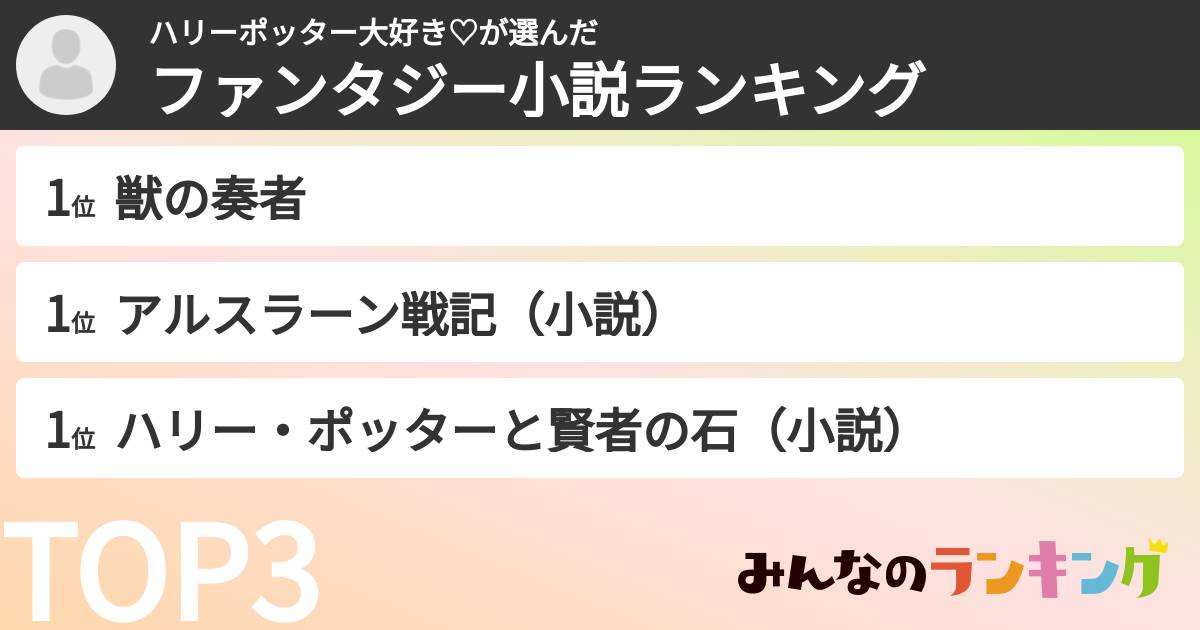 ハリーポッター大好き♡さんの「ファンタジー小説ランキング」