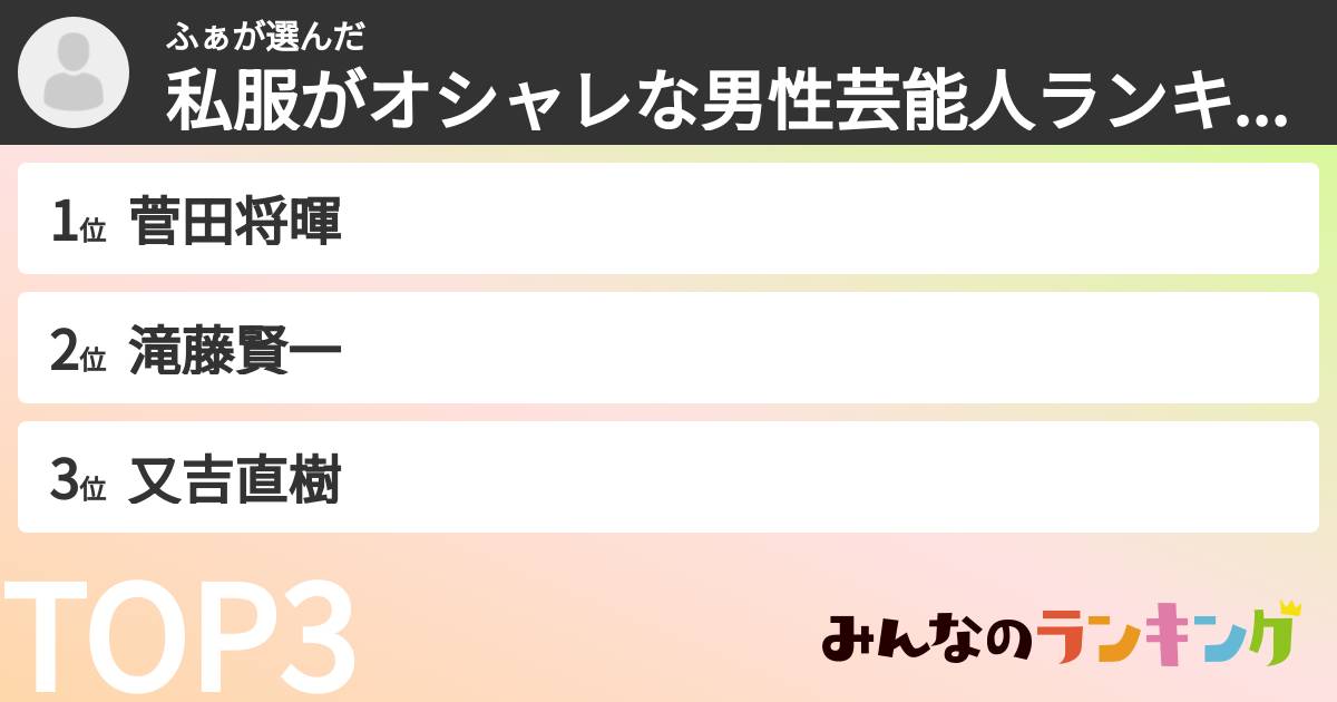 ふぁさんの「私服がオシャレな男性芸能人ランキング」