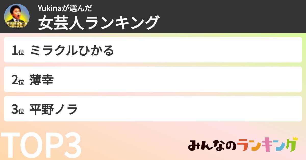 Yukinaさんの「女芸人ランキング」