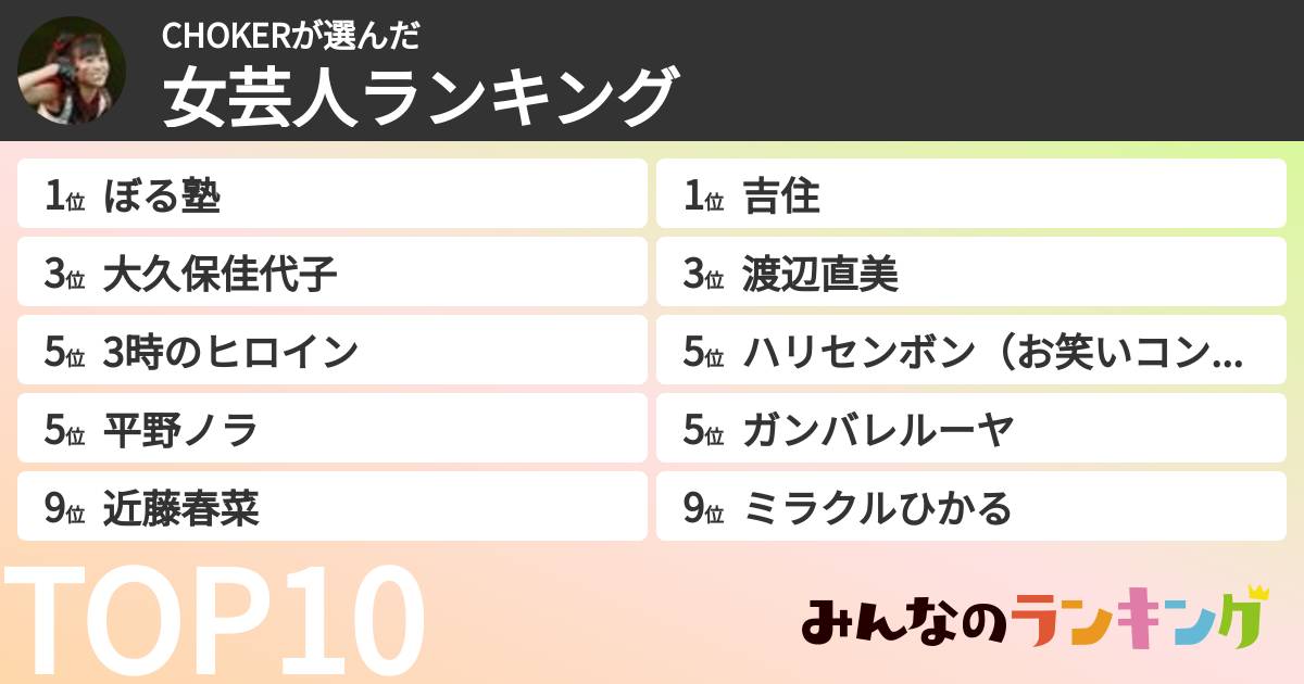 CHOKERさんの「女芸人ランキング」