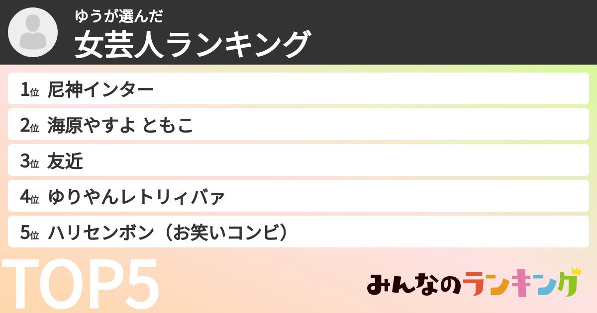 ゆうさんの「女芸人ランキング」