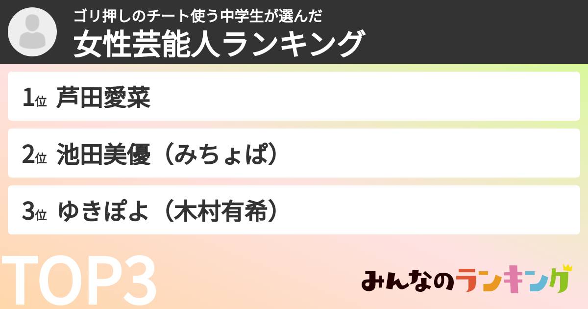 ゴリ押しのチート使う中学生さんの「女性芸能人ランキング」