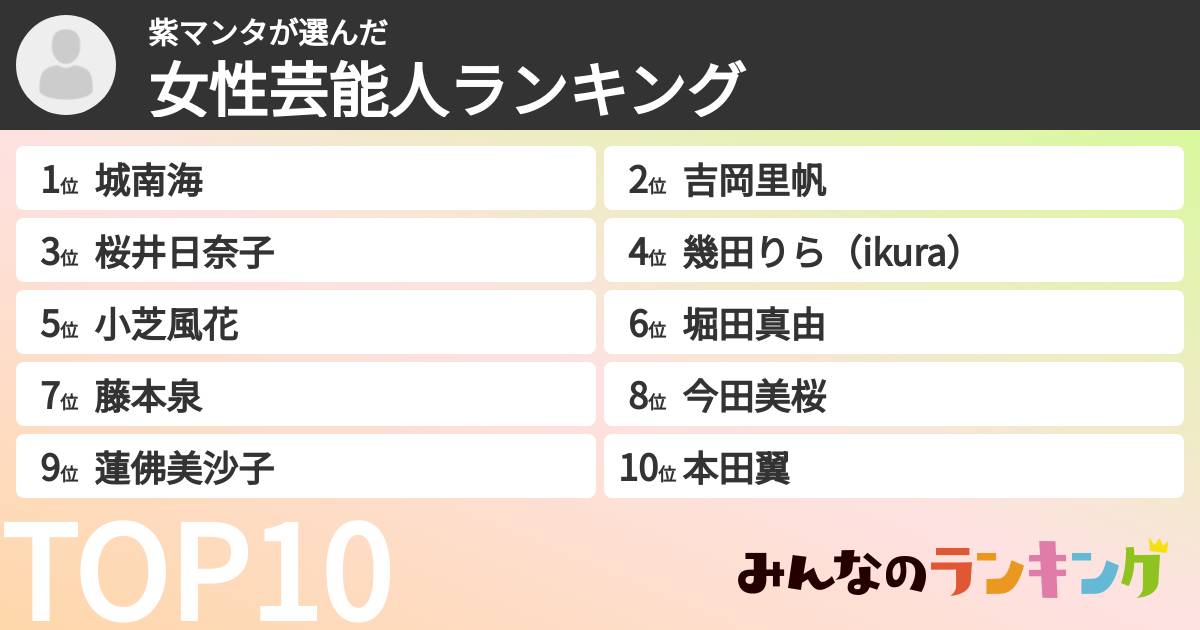 紫マンタさんの「女性芸能人ランキング」