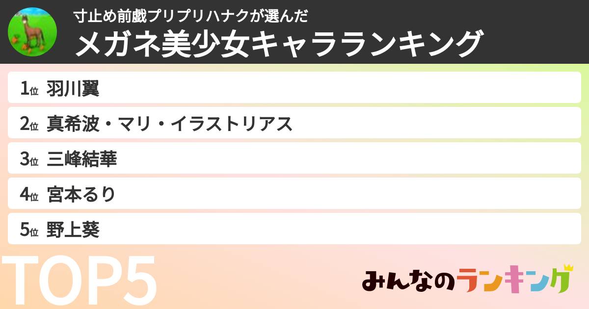 寸止め前戯プリプリハナクさんの「メガネ美少女キャラランキング」